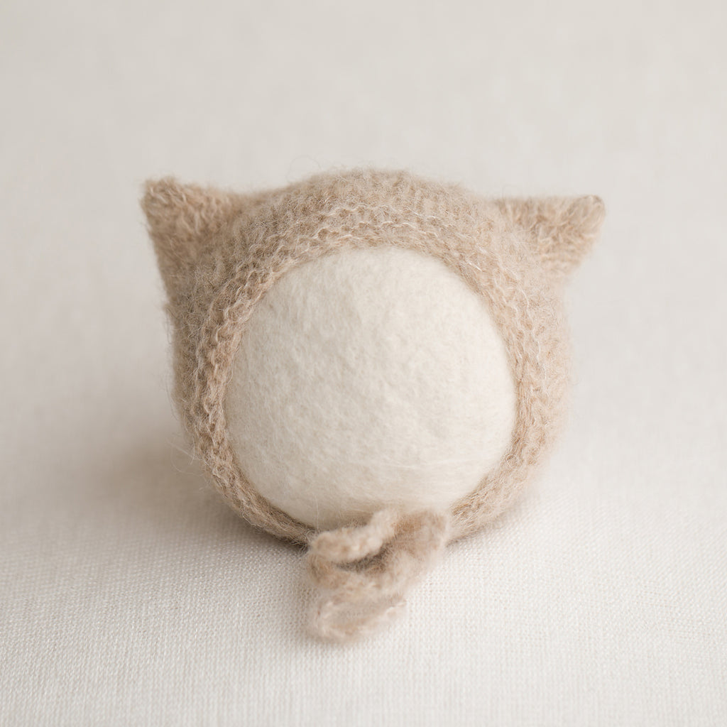 Newborn Knitted Kitten Bonnet - Light Beige