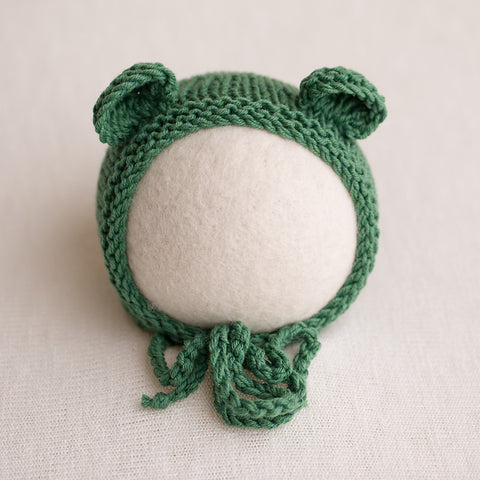 Newborn Knitted Bear Bonnet - Forrest Green 11