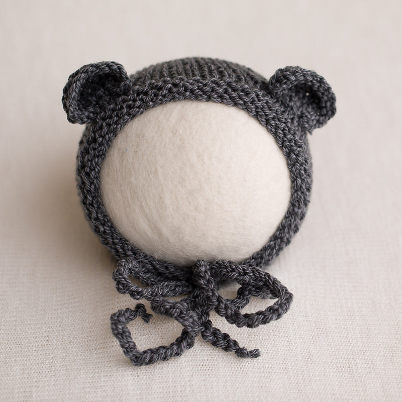 Newborn Knitted Bear Bonnet - Grey 19