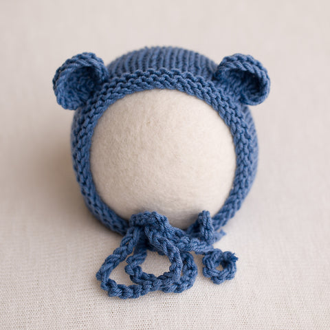 Newborn Knitted Bear Bonnet - Jeans Blue 16