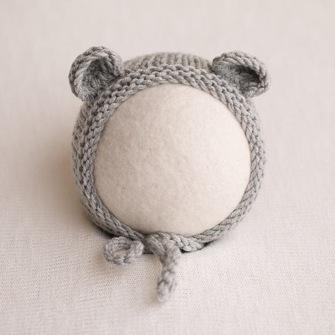 Newborn Knitted Bear Bonnet - Light Grey 05
