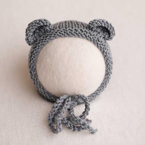Newborn Knitted Bear Bonnet - Mid Grey 18