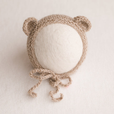 Newborn Prop Knitted Bear Bonnet - Light Camel