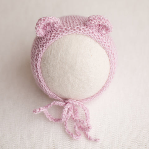 Newborn Prop Knitted Bear Bonnet - Dusty Pink