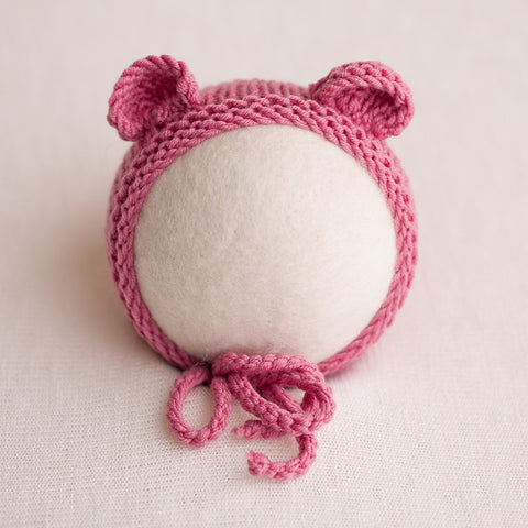 Newborn Knitted Bear Bonnet - Rose 33