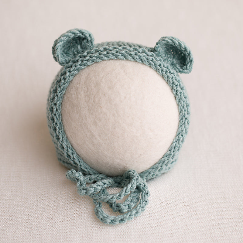 Newborn Knitted Bear Bonnet - Sea Green 29
