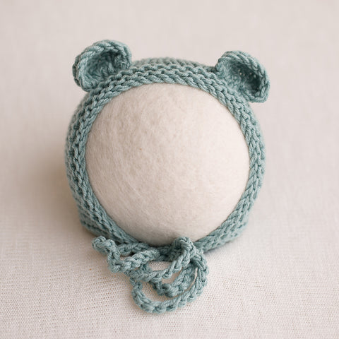 Newborn Knitted Bear Bonnet - Sea Green 29